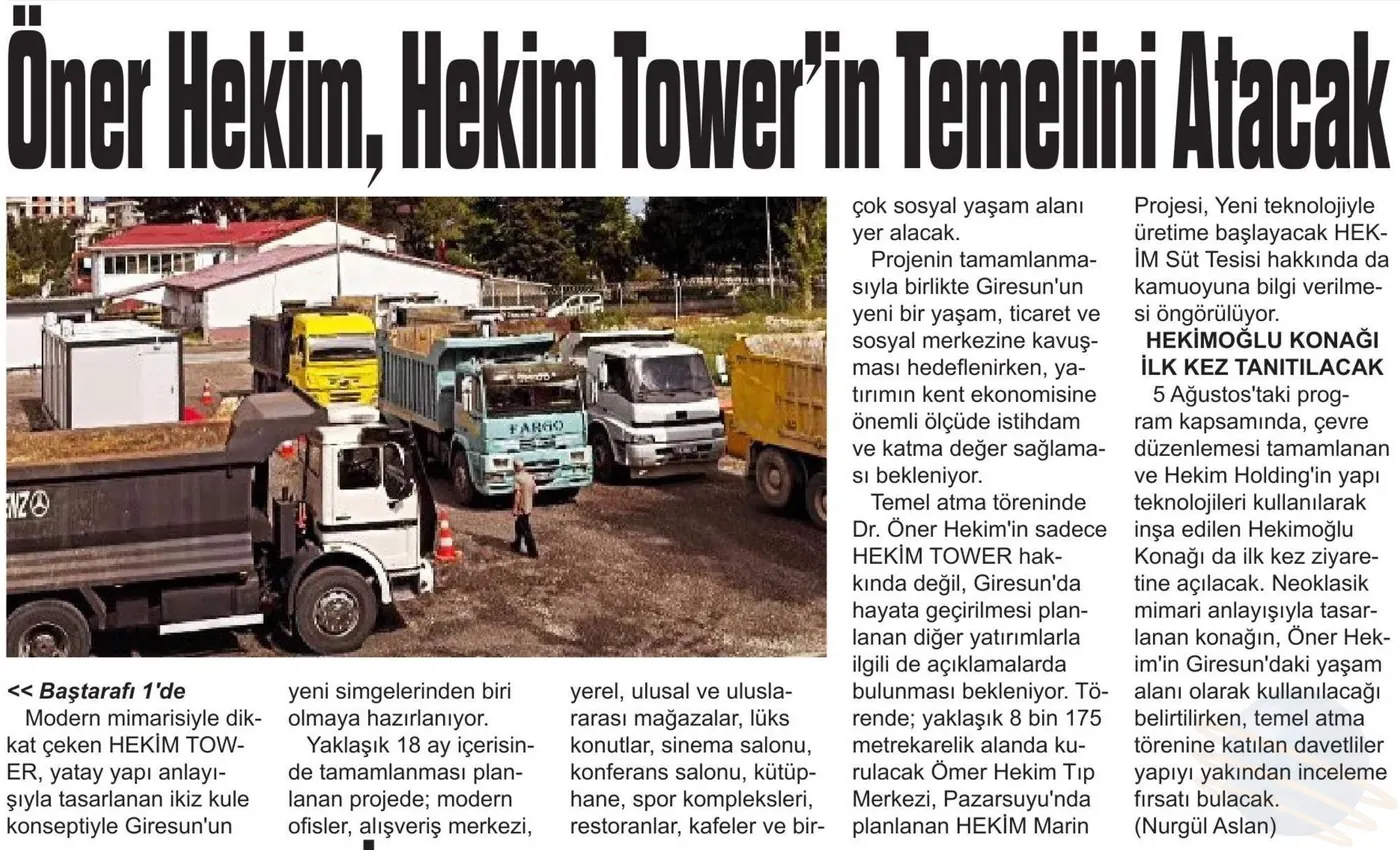 “Öner Hekim, Hekim Tower’ın Temelini Atacak” haberinin gazete kupürü (Yeni Giresun Gazetesi) (2. bölüm)