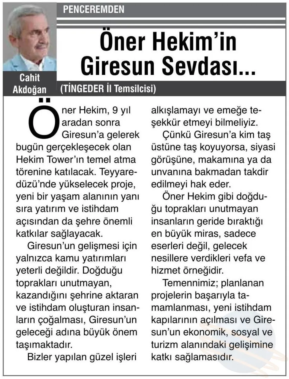 “Öner Hekim’in Giresun Sevdası...” haberinin gazete kupürü (Giresun Gündem) (2. bölüm)