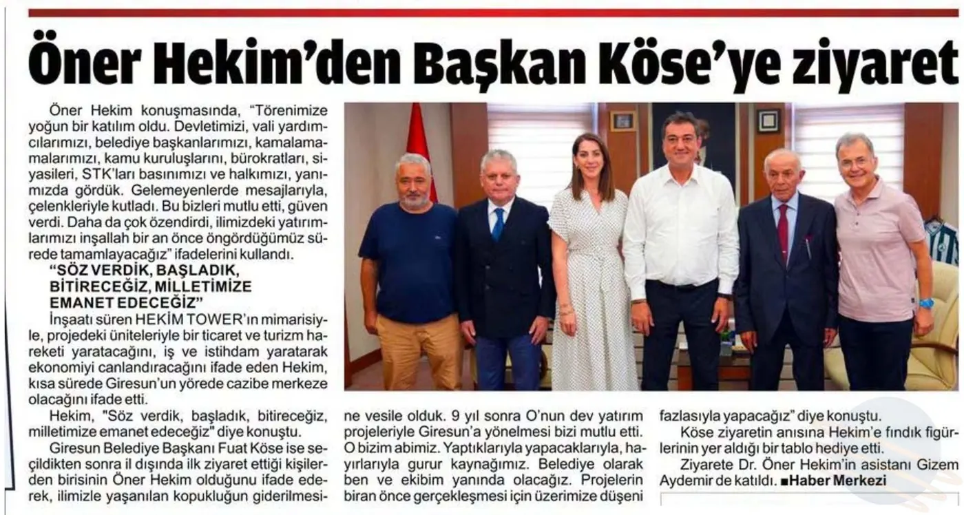 “Öner Hekim’den Başkan Köse’ye ziyaret” haberinin gazete kupürü (Giresun Ekspres Gazetesi) (2. bölüm)