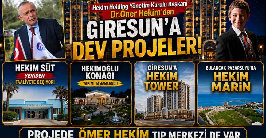 Haber grafiği: &ldquo;Giresun'a dev projeler&rdquo; başlığı altında Hekim Süt, Hekimoğlu Konağı, Hekim Tower ve Hekim Marin görselleri