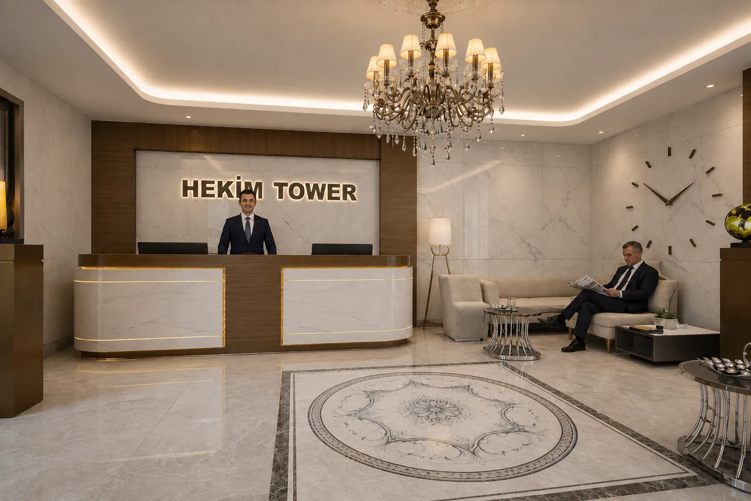 Concierge karşılama alanı: resepsiyon bankosu ve giriş lobisi