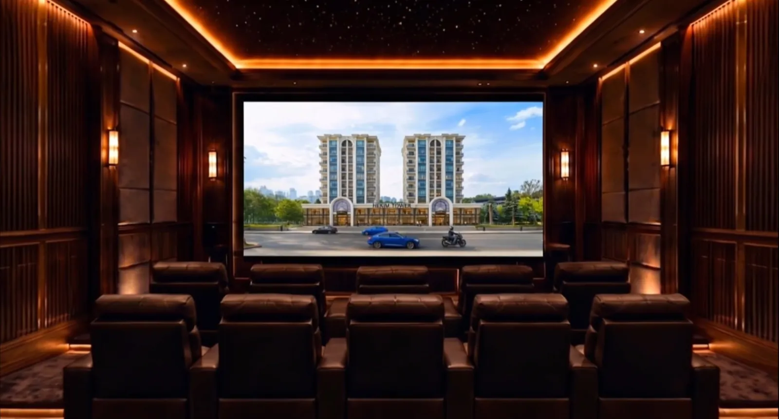 Özel sinema salonu: perde karşısında kademeli koltuk düzeni