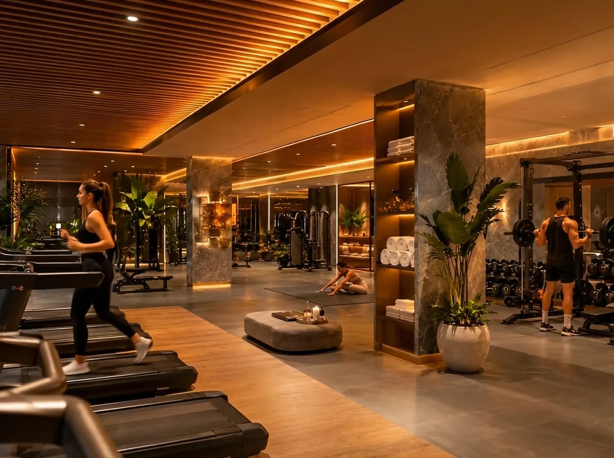 Wellness alanı: kapalı havuz, dinlenme bölümü ve ahşap detaylı iç mekân