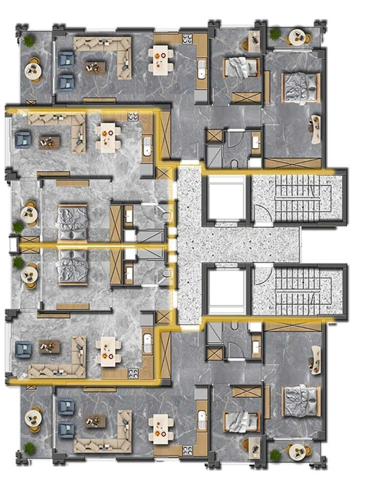 Hekim Tower 1+1 ve 2+1 konut tipik kat planı: kuş bakışı yerleşim, her dairede salon, açık mutfak, yatak odası, banyo ve balkon; katın ortasında iki asansör ve merdiven çekirdeği