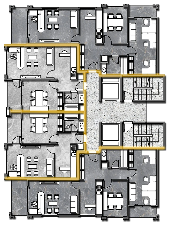 Hekim Tower 1+1 ve 2+1 ofis tipik kat planı: sol kanattaki ofis birimleri sarı çerçeveyle işaretli; her birimde çalışma alanı, toplantı masası, mutfak nişi ve ıslak hacim