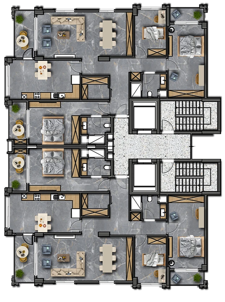 Hekim Tower 3+1 konut tipik kat planı: kuş bakışı yerleşim, ayrı yemek alanı, ebeveyn banyolu yatak odası ve balkon; katın ortasında iki asansör ve merdiven çekirdeği