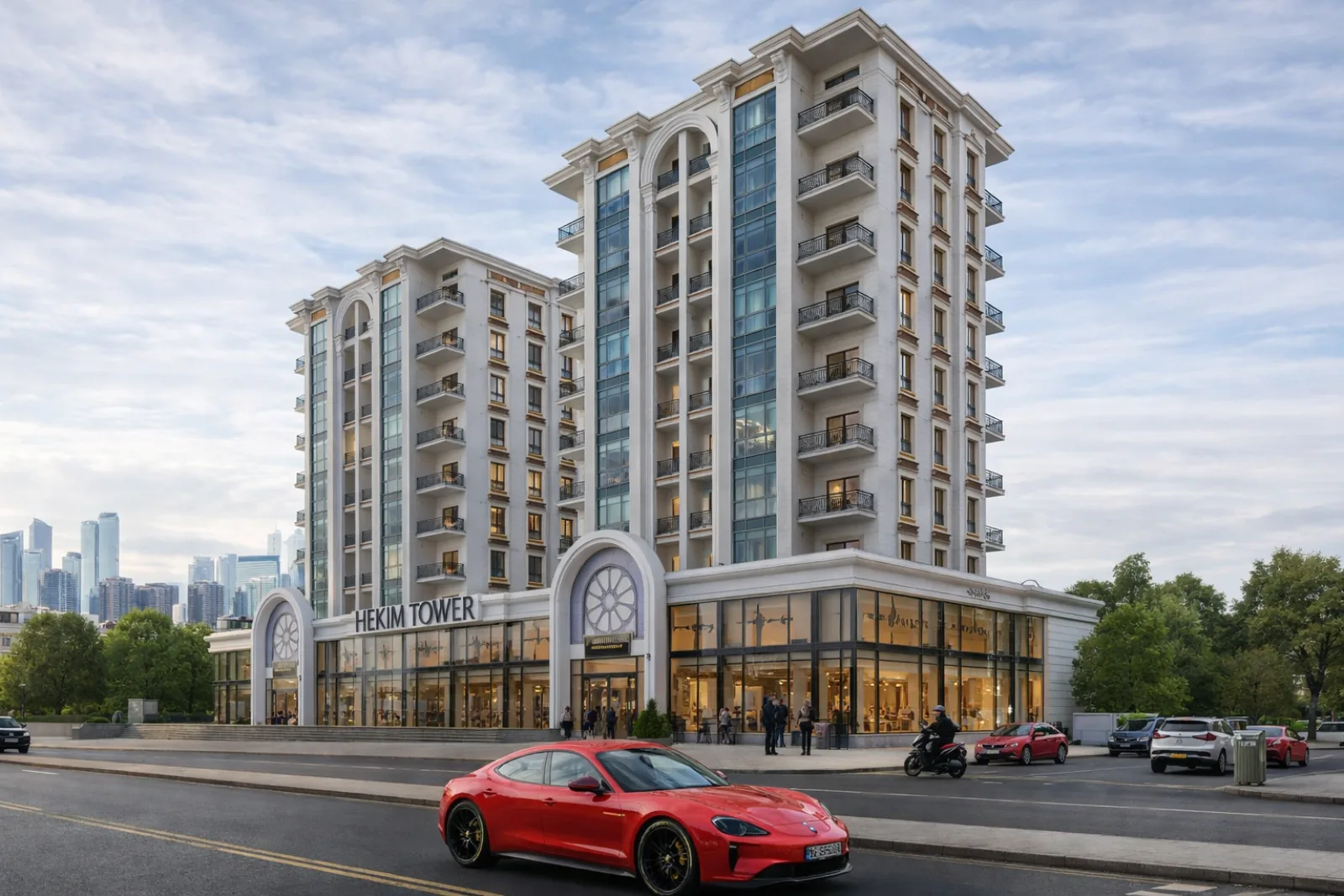 Bulvardan geniş açı: Hekim Tower'ın iki bloğu ve zemin kattaki ticari üniteler
