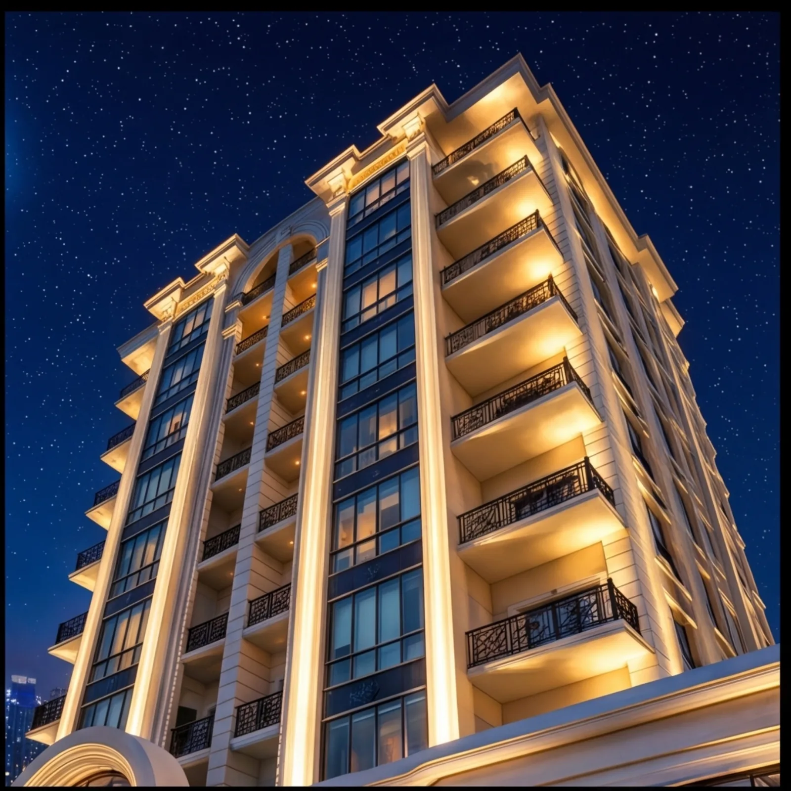 Gece cephe detayı: aydınlatılmış balkon sıraları ve taş söveli pencere düzeni