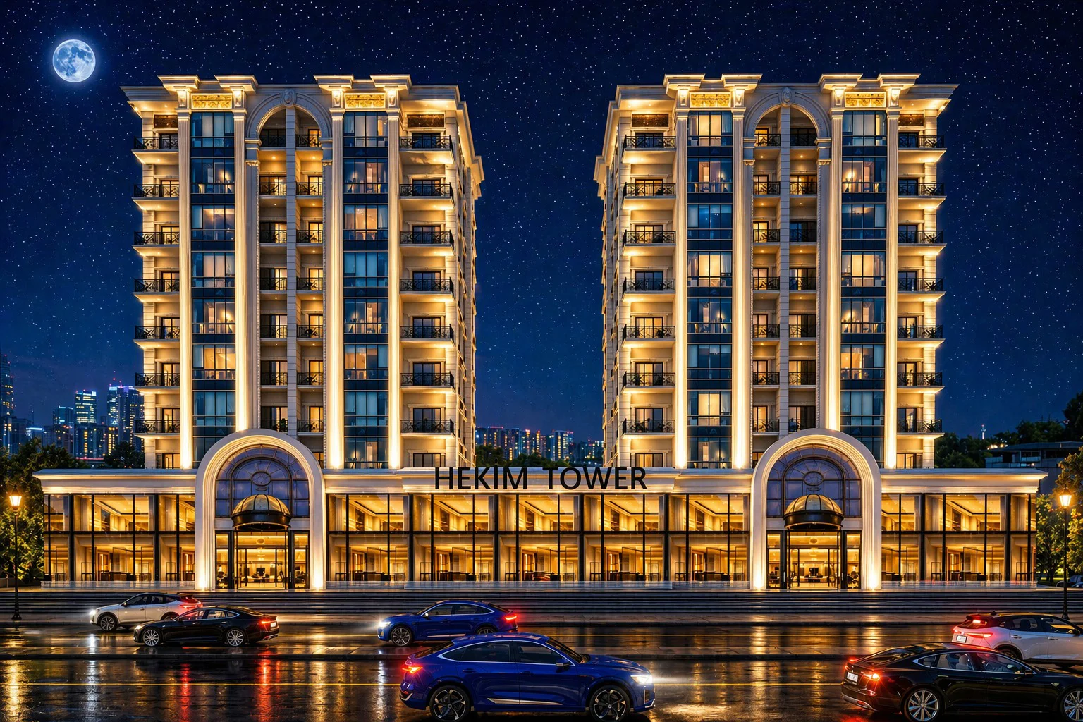Hekim Tower gece: aydınlatılmış iki blok, zemin katta kemerli girişler ve vitrinli ticari üniteler, cephedeki HEKİM TOWER tabelası, önünde bulvar ve araçlar
