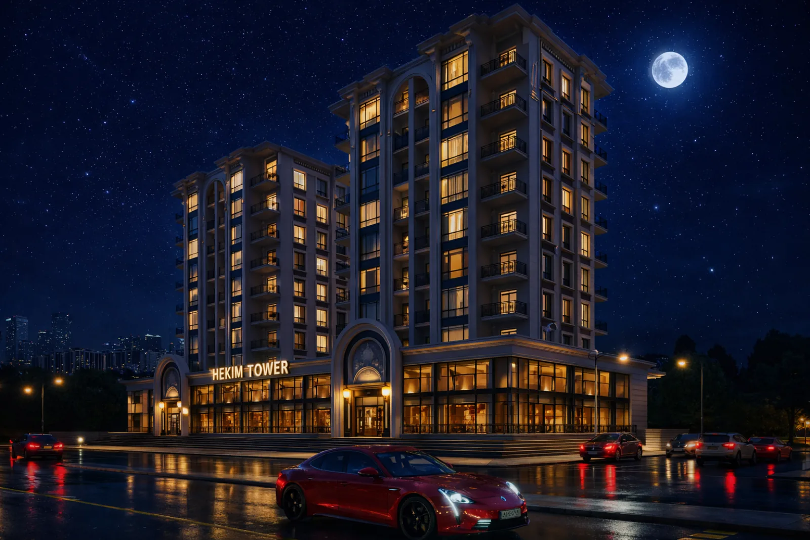 Gece uzak açıdan Hekim Tower: aydınlatılmış cephe ve çevresindeki şehir dokusu