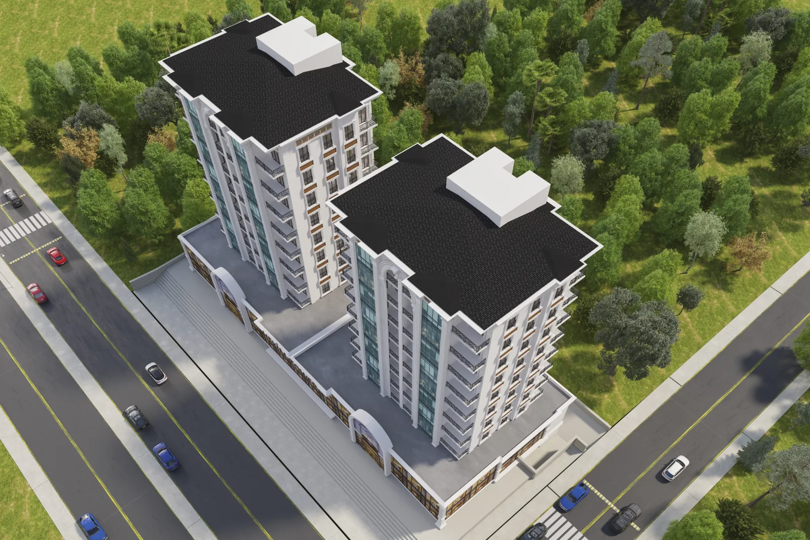 Hekim Tower'ın kuşbakışı görünümü: iki blok, önündeki bulvar ve kavşak bağlantısı