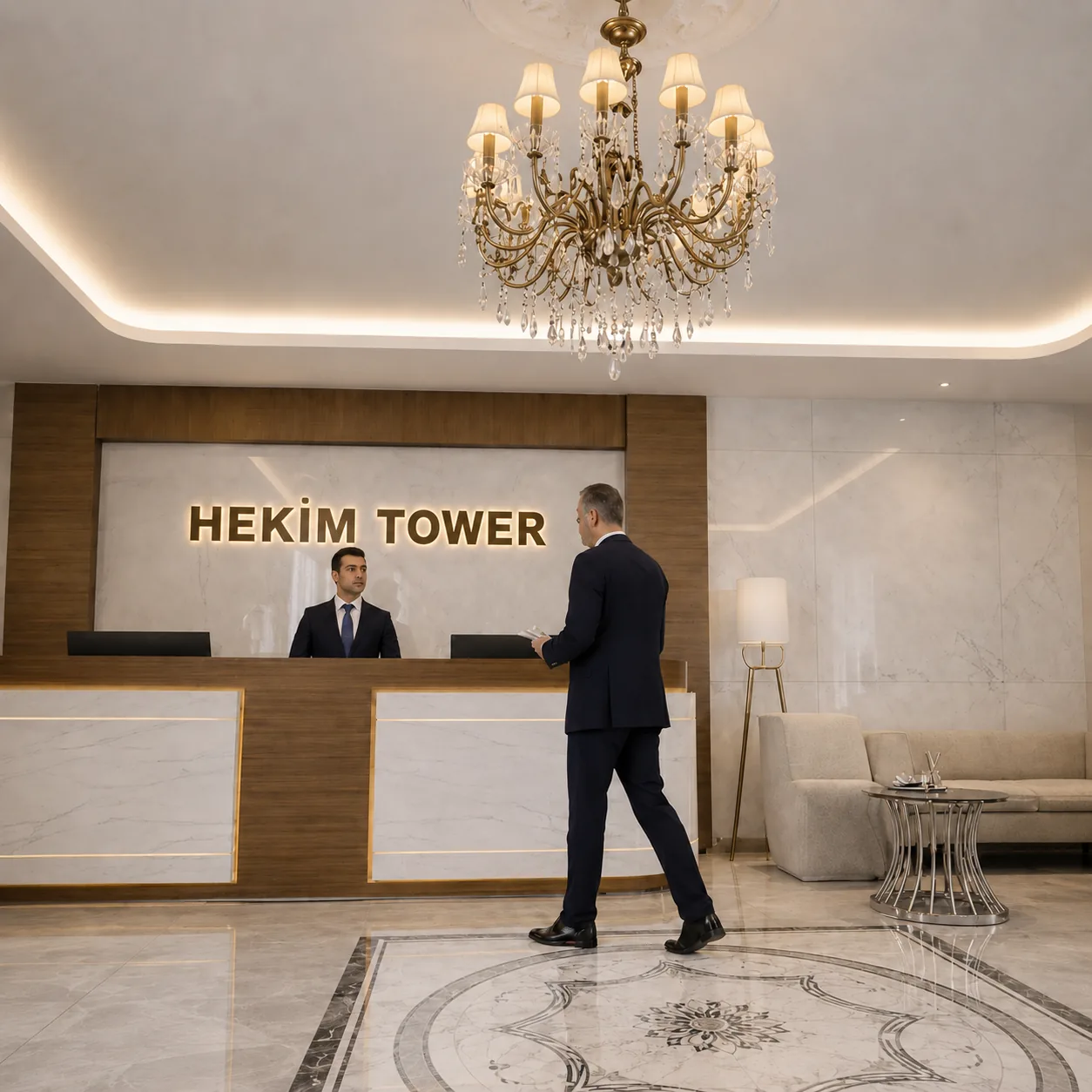 Hekim Tower karşılama holü: resepsiyon bankosu ve oturma alanı