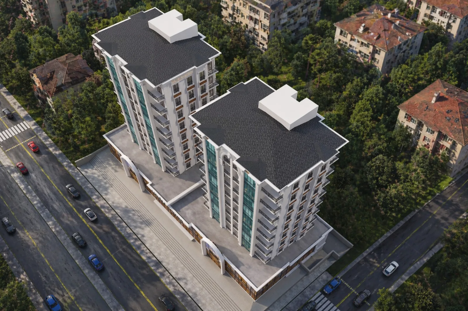 Hekim Tower'ın kuşbakışı görünümü: iki blok, çatı düzlemi ve bulvar bağlantısı; çevresinde Giresun Merkez'in yerleşim dokusu